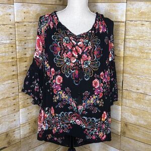 BILA BOUTIQUE FLORAL BELL SLEEVE FLOWY SOFT CRINKLE VINTAGE INSPIRED BLOUSE XL
